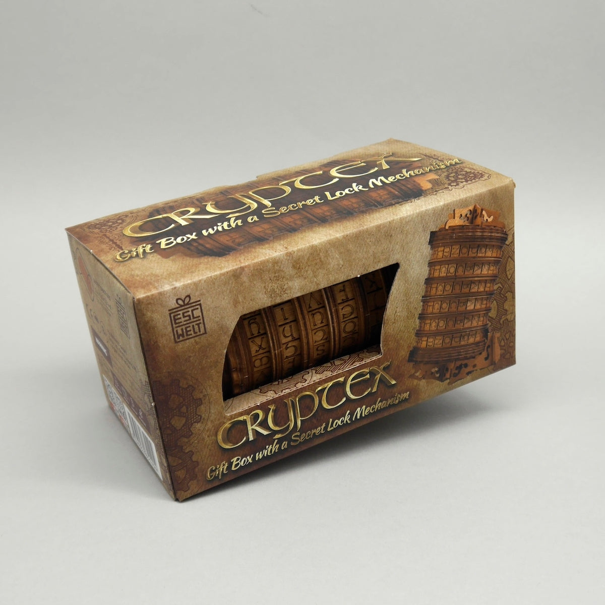 Holzpuzzle: dekorative Produktverpackung mit Sichtfenster im Vintage-Look