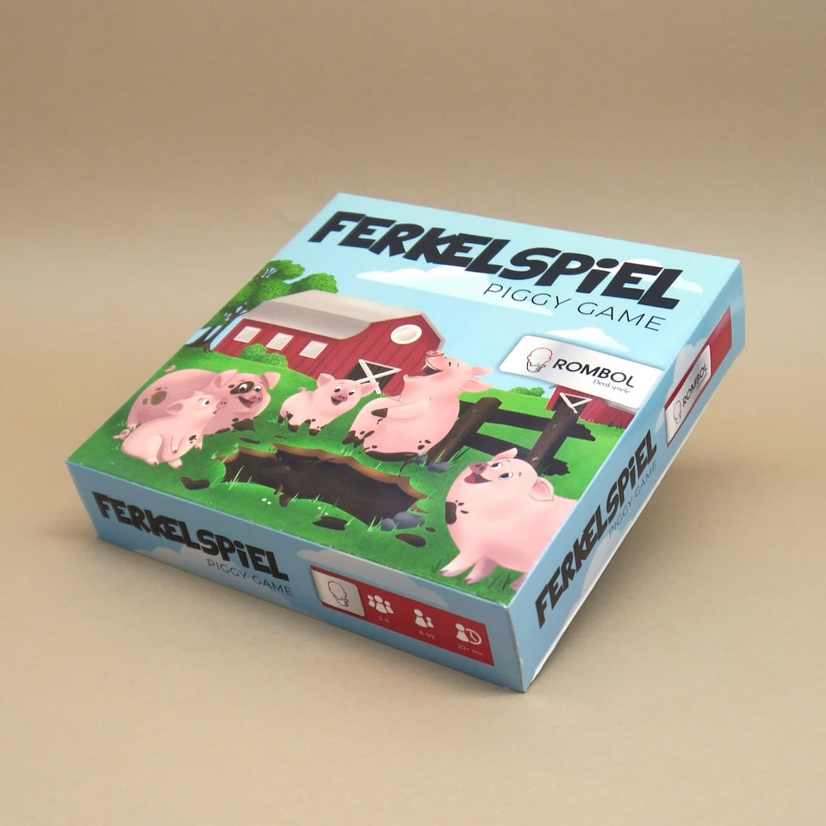 Spielschachtel „Ferkelspiel“ mit lachenden Schweinchen vor einem Bauernhof, beworben als Holzspiel und Ferkelfieber-Spiel.