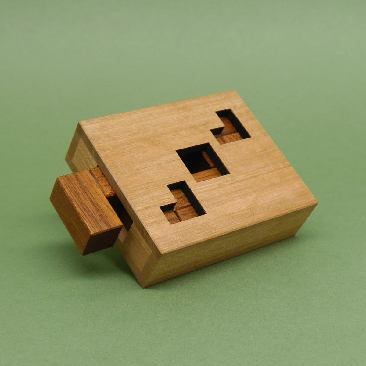 Holzpuzzle: rechteckiger Kasten aus hellem Holz mit eingelassenen Tetris-förmigen Aussparungen.