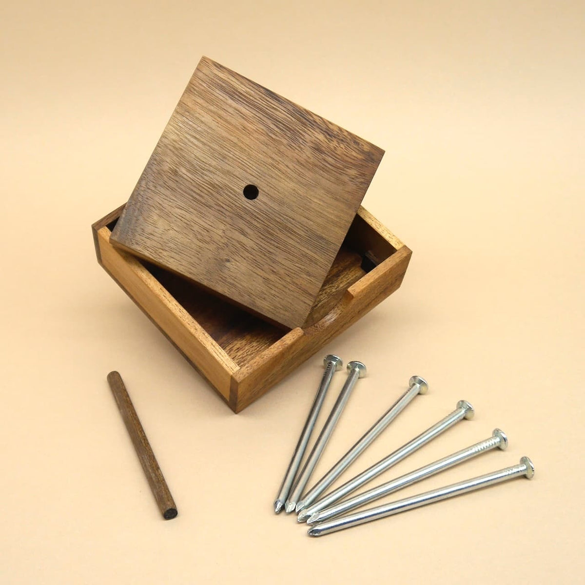Geöffnete Box mit Deckel, losem Stab und sieben Nägeln daneben – alle Teile des hölzernen Knobelspiel‑Sets sind sichtbar.