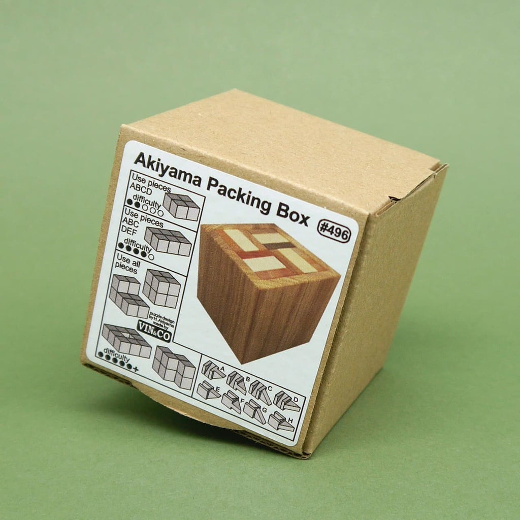 Kartonische Verpackung der Akiyama Packing Box mit Anleitungsgrafiken und Produktabbildung.