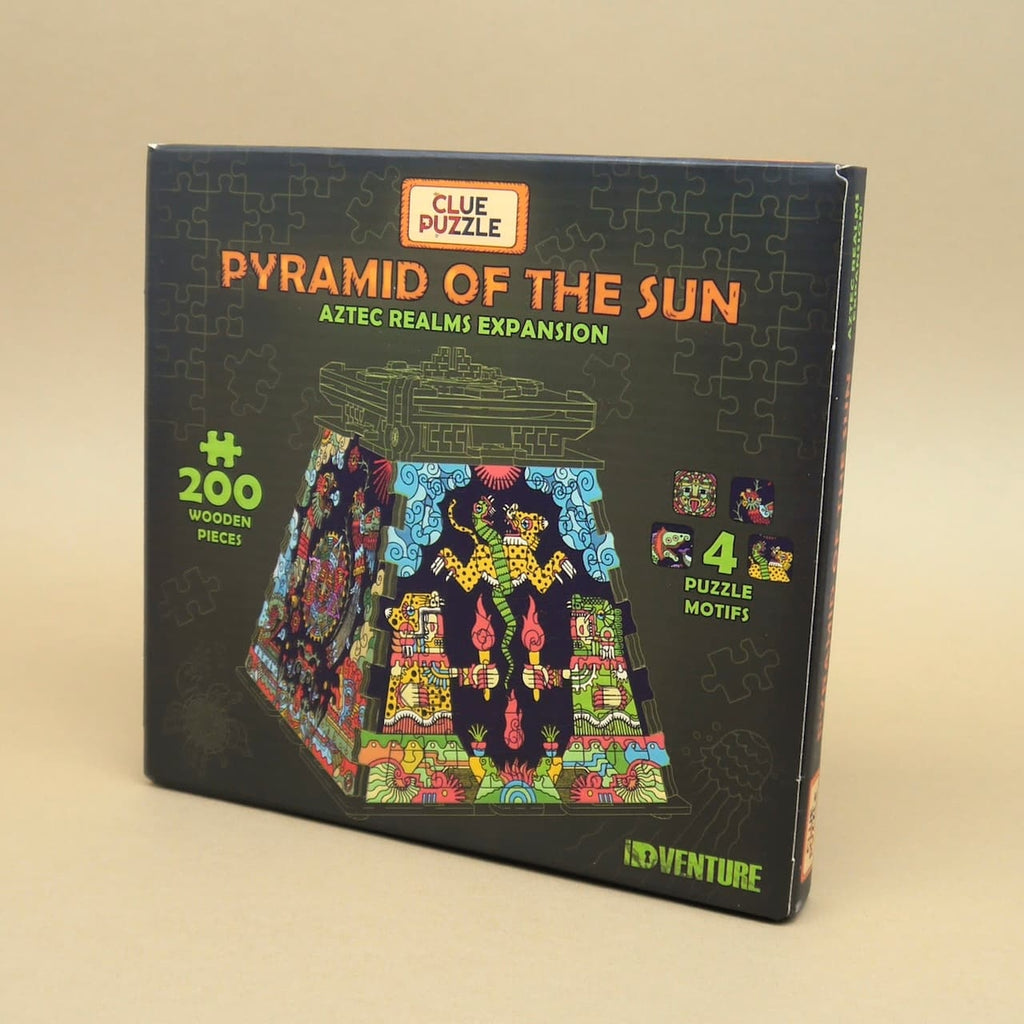 Produktbox Pyramid of the Sun – Aztec Realms Expansion mit Hinweis „200 wooden pieces“ und vier Motiven, freigestellt.