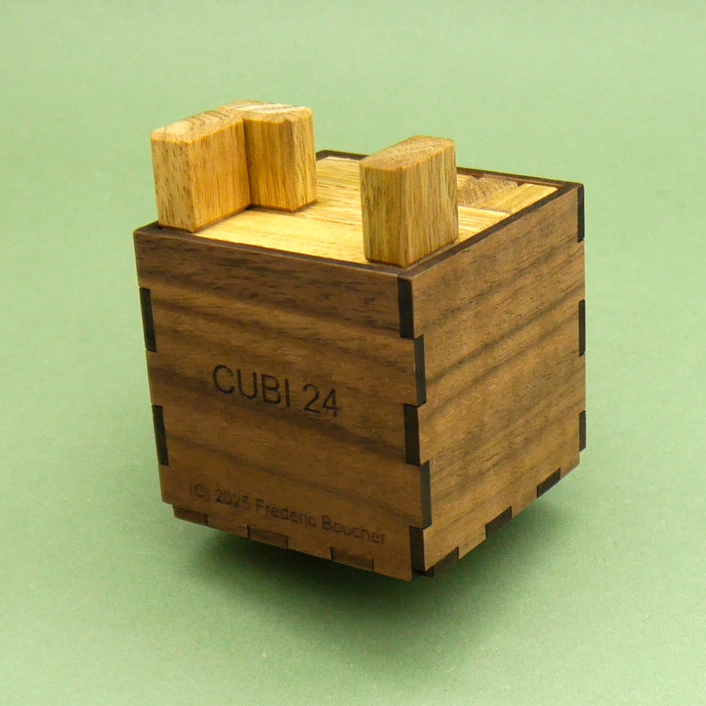 Rätselbox aus Holz mit eingelegten Klötzen oben, verdeutlicht das Ziel des Geduldspiels in fertiger Form.