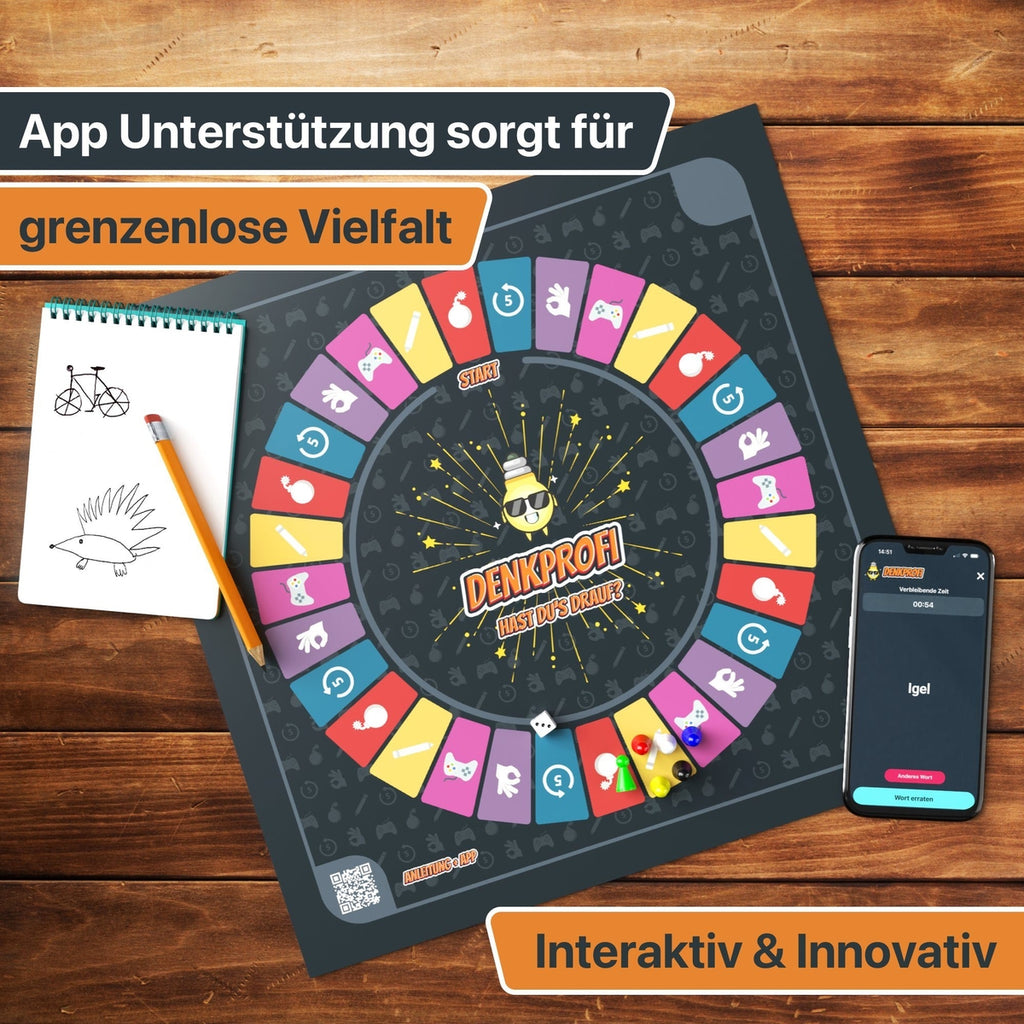 Interaktives Spiel: Denkprofi Brettspiel mit App, buntem Spielbrett, Zeichenaufgaben und kreativen Minispielen für Familien.