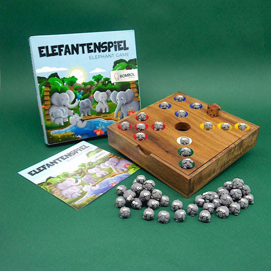 Das Elefantenspiel aus Holz mit Würfel, liebevoll gestalteten Elefantenfiguren und farbigen Spielfeldern – ein unterhaltsames Holzspiel für die ganze Familie