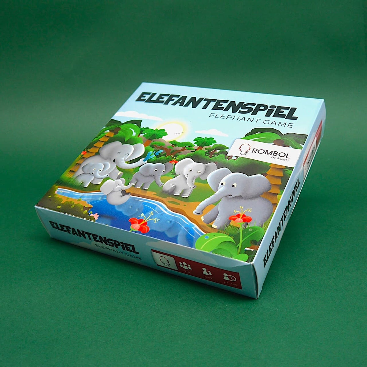 Die bunte Spielverpackung des Elefantenspiels zeigt eine fröhliche Elefantenfamilie – ideal als kompaktes Reisespiel für unterwegs.