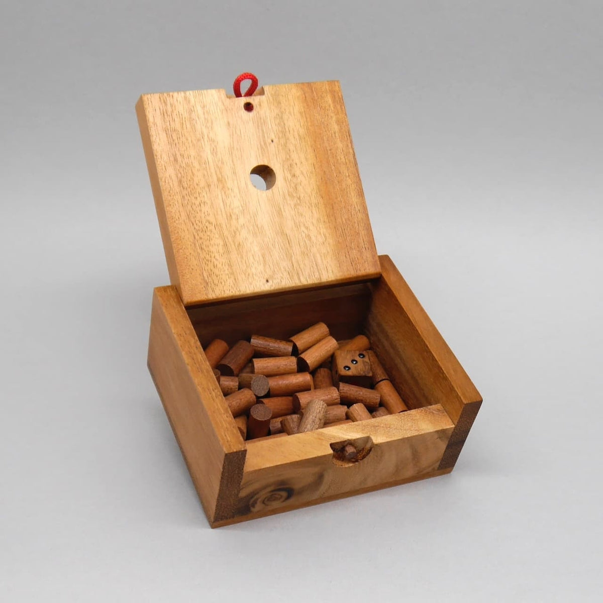 Geöffnete Holzbox des Reisespiels: Deckel hochgeklappt, innen zahlreiche Holzstifte und ein Würfel sichtbar.