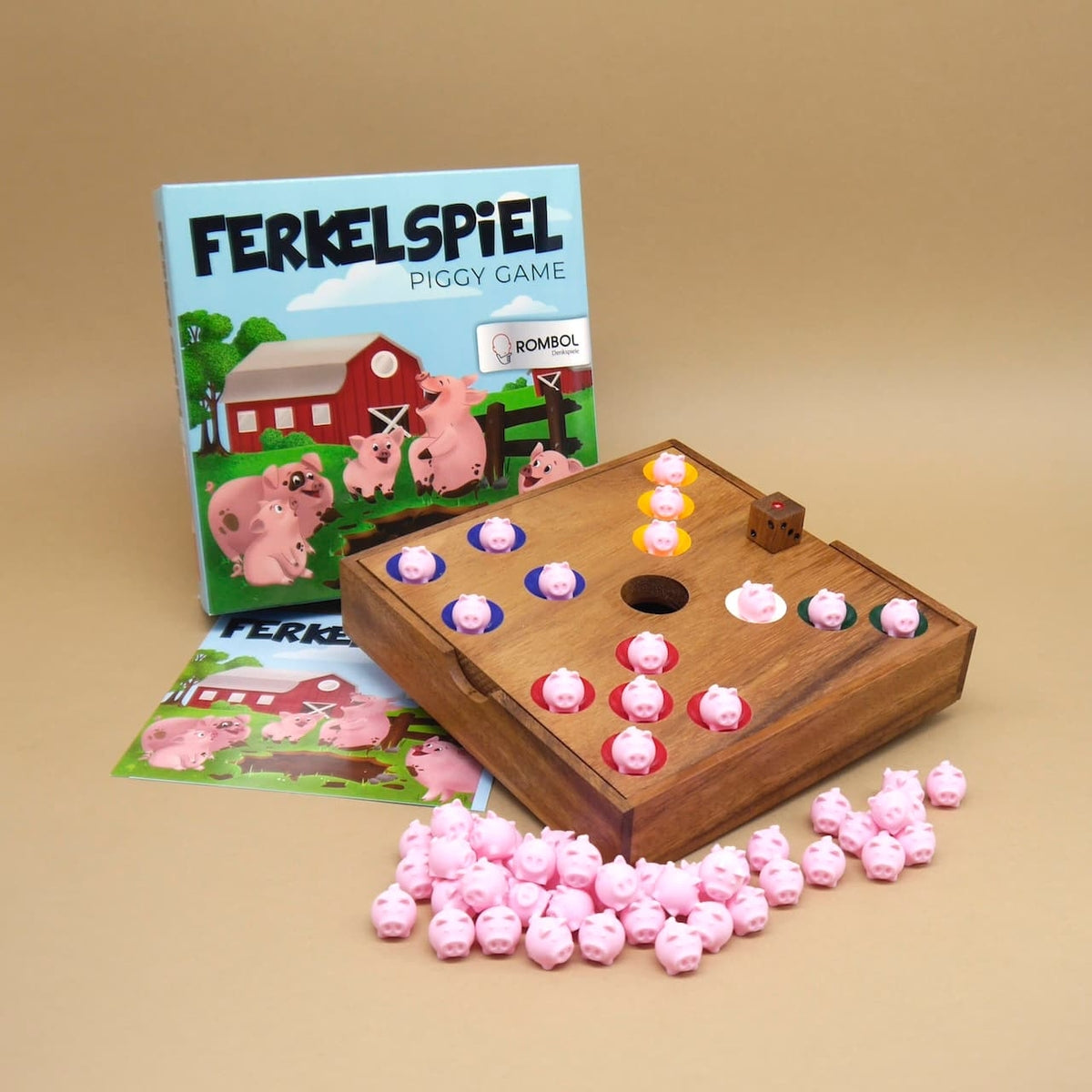 Holz-Brettspiel Ferkelspiel mit kleinen rosa Schweinchen, Spielbrett, Würfel und Spielanleitung.