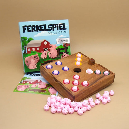 Holz-Brettspiel Ferkelspiel mit kleinen rosa Schweinchen, Spielbrett, Würfel und Spielanleitung.