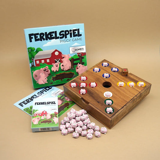 Komplettes Ferkelspiel mit Spielbrett, Schachtel, Anleitung und Schweinchen-Pöppeln – perfekt für ein spannendes Würfelspiel.