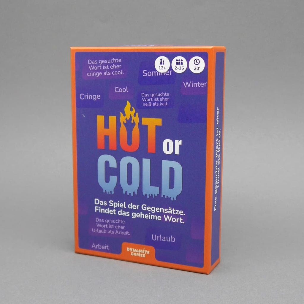 Spielschachtel „Hot or Cold“ vor grauem Hintergrund; Familienspiel mit Gegensätzen und auffälligem Cover.