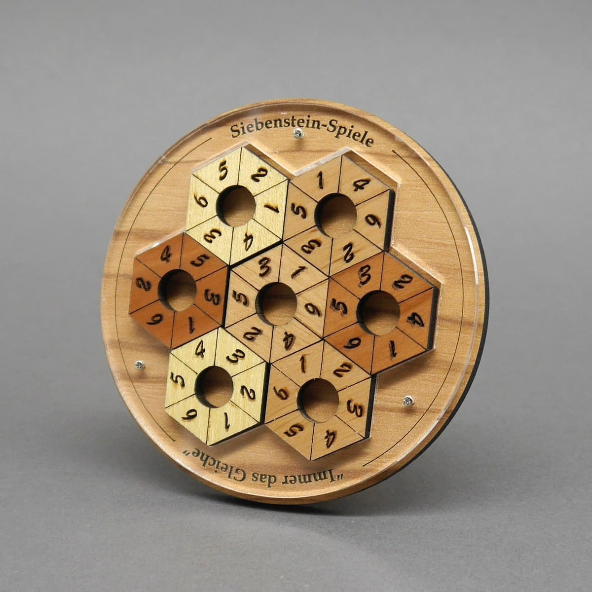 Das komplett ausgefüllte Zahlenpuzzle zeigt eine wabenförmige Fläche aus hellen und dunklen Sechseckringen mit Ziffern und zentralen Löchern.
