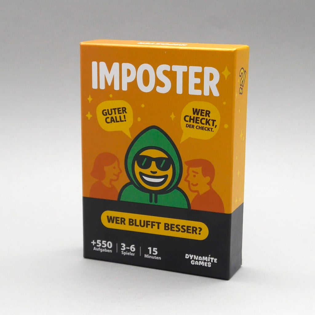 Imposter Kartenspiel – orange Schachtel mit Hoodie-Icon und Spruch ›Wer blufft besser?‹, kompaktes Spiel für 3–6 Personen