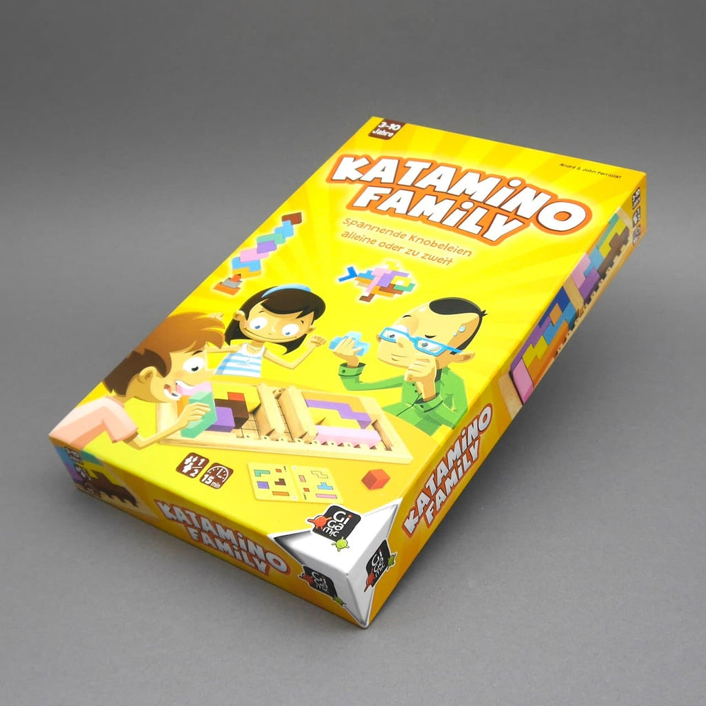 Gelbe Katamino-Family-Schachtel in Nahaufnahme – spannendes Legespiel für zwei mit vielen Aufgaben.
