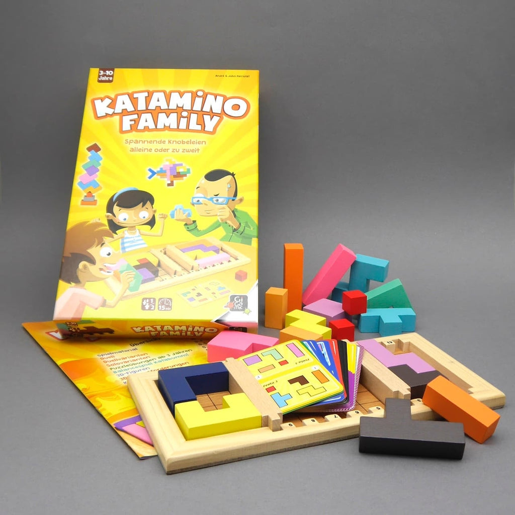 Katamino Family mit Spielschachtel, Holzbrett und bunten Steinen – ideales Knobelspiele-Set für Zuhause.