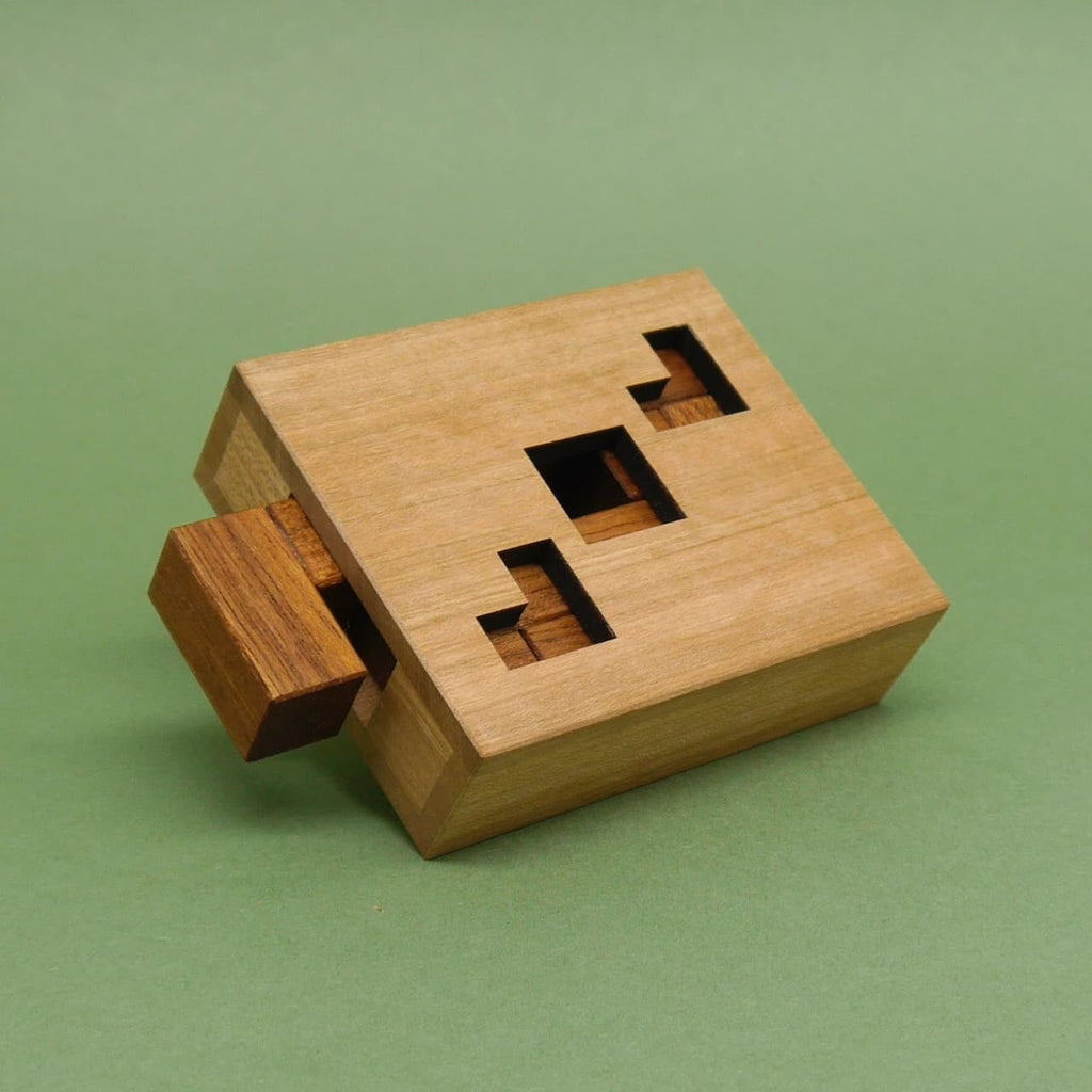 Holzpuzzle: rechteckiger Kasten aus hellem Holz mit eingelassenen Tetris-förmigen Aussparungen.