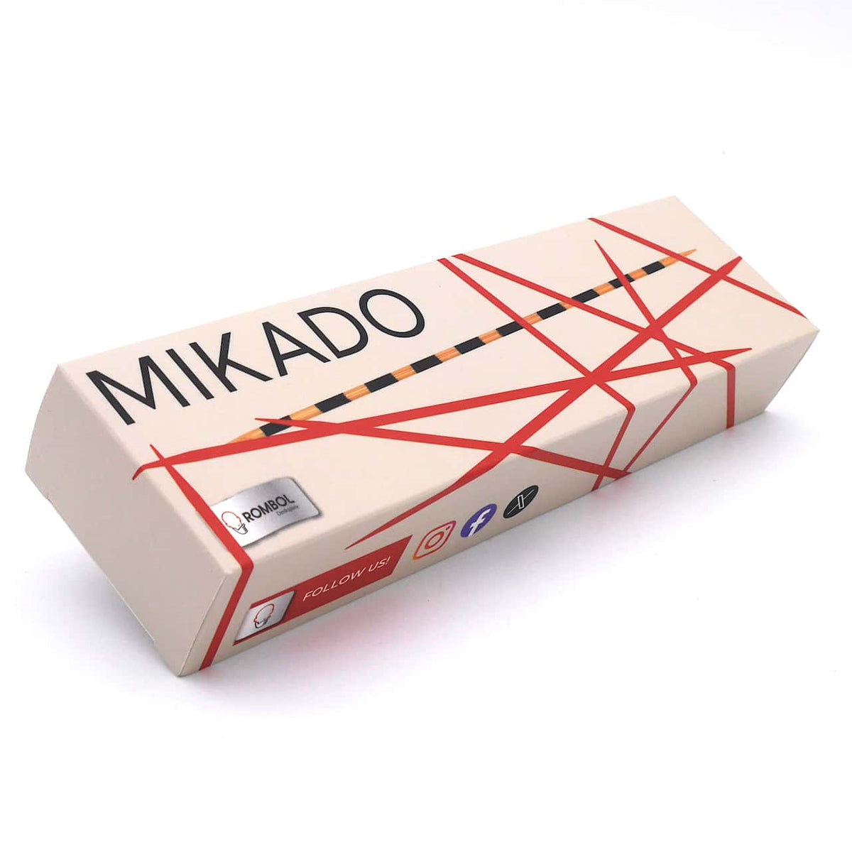 Ein stilvolles Mikado-Spiel mit mehreren dünnen Stäbchen, die auf einem dunklen Holztisch arrangiert sind.