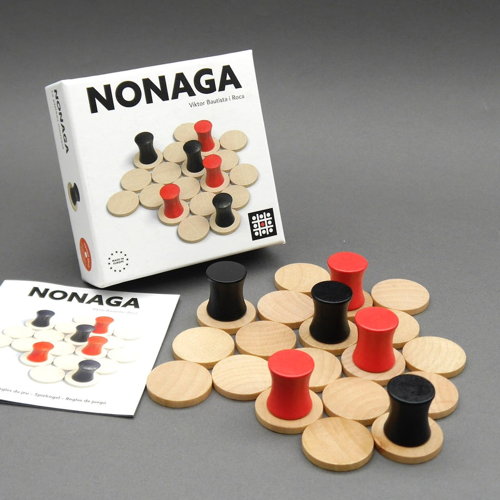 Nonaga Strategiespiel: Spielschachtel, Anleitung und Holzsteine als Set, modernes Taktikspiel.