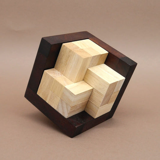 Komplett zusammengesetztes Geduldsspiel: hell‑dunkles 3D‑Holzpuzzle in kubischem Rahmen vor braunem Hintergrund.