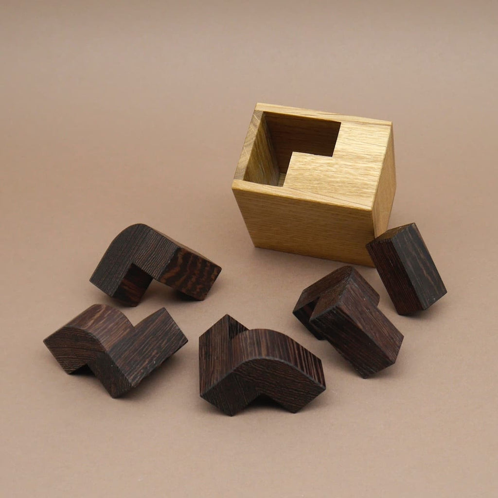 Holz-Geduldsspiel „Petit Albert“: offene helle Holzbox mit mehreren dunkelbraunen, unterschiedlich geformten Puzzleteilen davor.