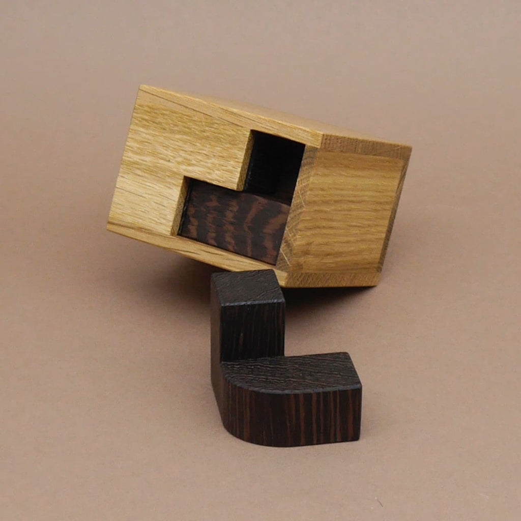Holz-Knobelspiel „Petit Albert“: helle Holzbox mit ausgesparter Form, ein dunkelbraunes Puzzleteil liegt davor und soll eingefügt werden.