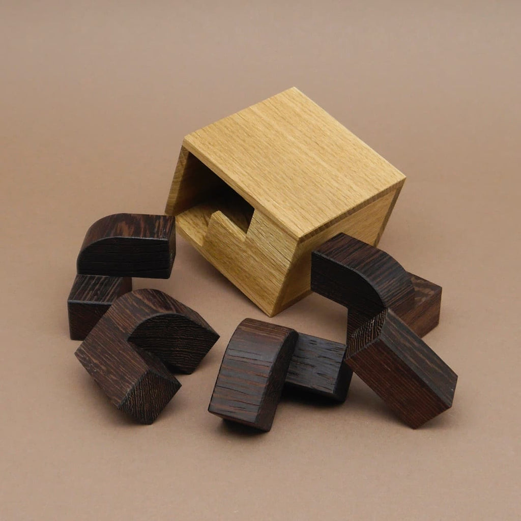 Holz-Packpuzzle „Petit Albert“: leere helle Holzbox mit Aussparung, mehrere dunkelbraune geschwungene Puzzleteile liegen darum herum und müssen hineinpassen.