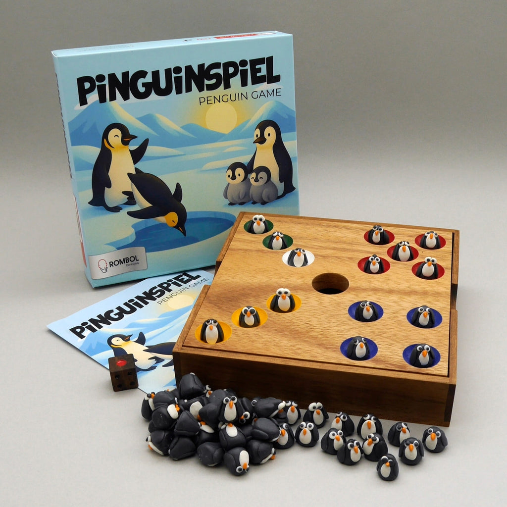 Würfelspiel aus Holz mit Pinguinfiguren, Spielanleitung, Würfel und farbigen Spielfeldern.
