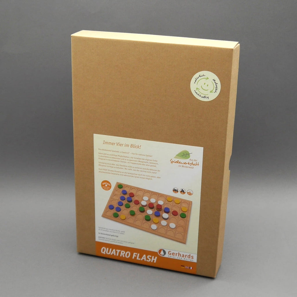 Taktikspiel Quatro Flash in naturfarbener Kartonverpackung mit Produktinfo und Abbild des Spielbretts, Empfehlung für kluge Spielzüge