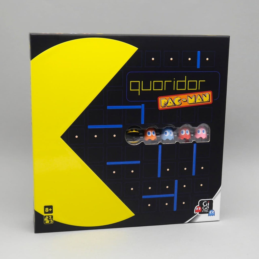 PAC-MAN Quoridor Strategiespiel: Produktverpackung mit großem gelben Pac-Man-Symbol und Sichtfenster für die Figuren.