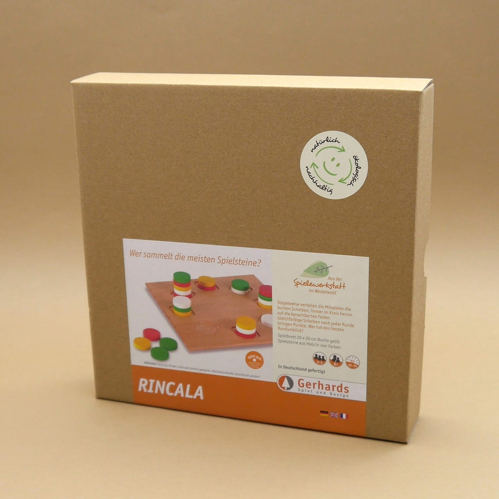 Rincala Holzspiel: naturfarbene Kartonbox mit Produktfoto des Kreisspiels und Hinweis auf nachhaltige Herstellung.