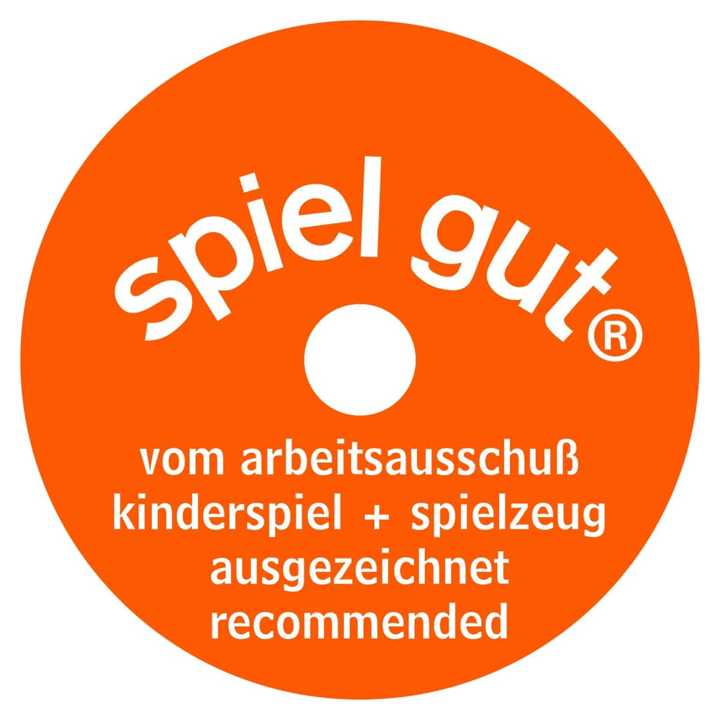 Rincala gut-siegel Auszeichnung: orange ‚spiel gut‘ Logo, empfohlen vom Arbeitsausschuss Kinderspiel + Spielzeug.