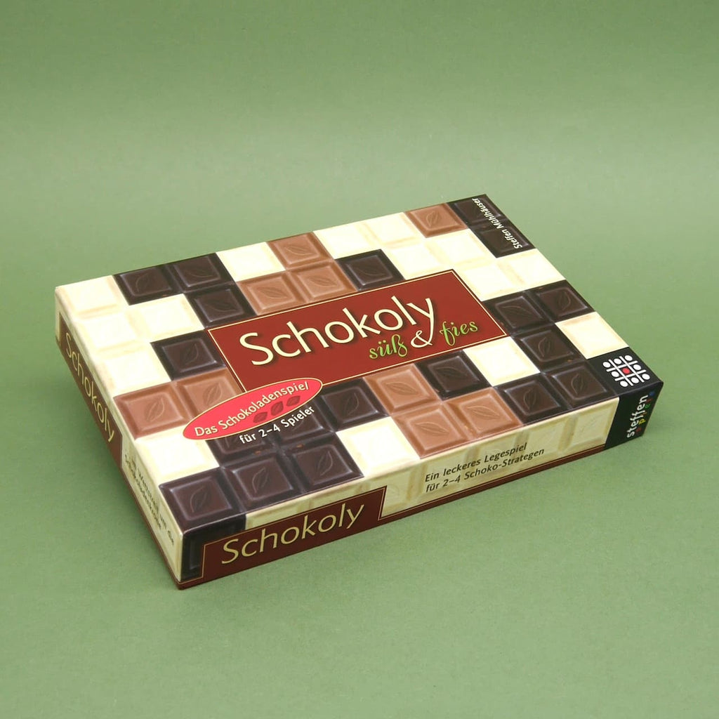Die Spielschachtel von 'Schokoly' in Schokoladentafel-Design – ein kreatives Kinderspiel mit liebevoll gestalteter Verpackung für 2–4 Spieler.