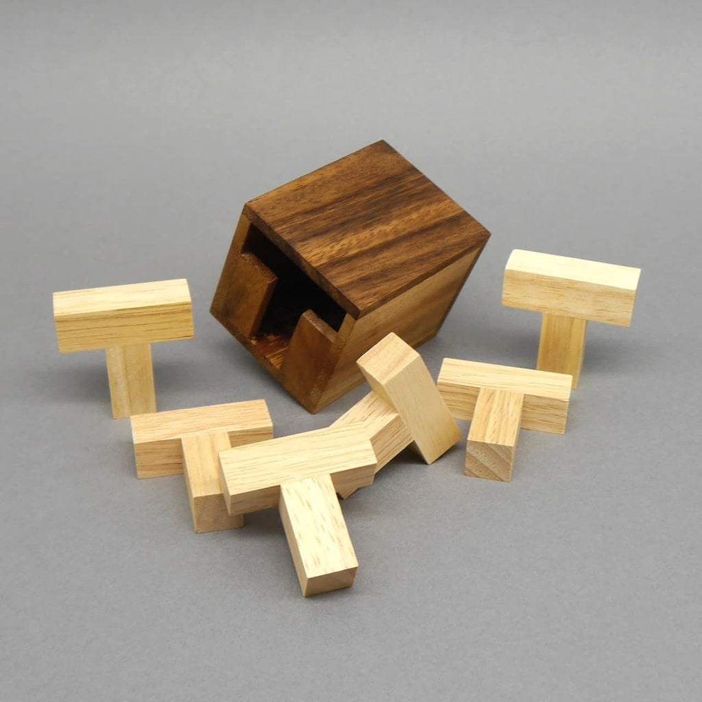 Geöffnete Holzbox neben allen sechs zerlegten, hellen T-Holzsteinen auf grauem Hintergrund – das „Six T“-Puzzle komplett auseinandergebaut.