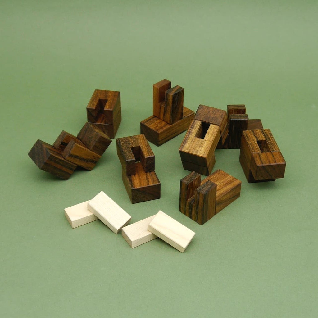 Holzpuzzel mit mehreren braunen Steckteilen auf grünem Hintergrund, die lose vorliegen.