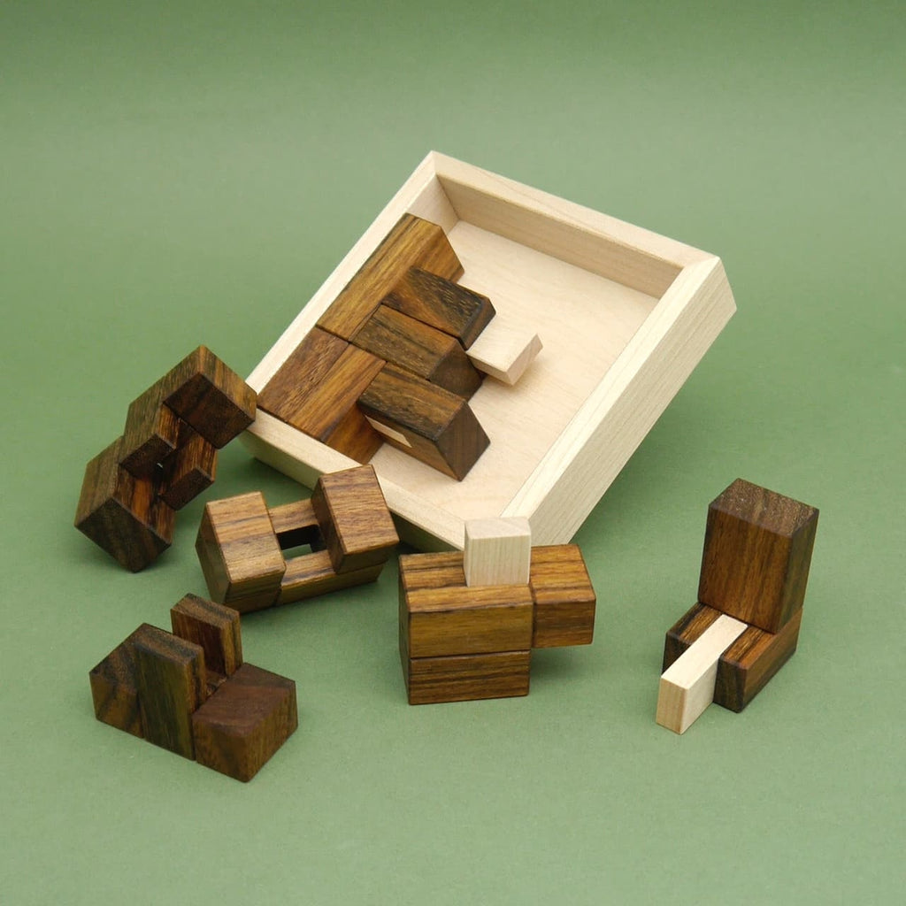 Gehirntraining-Holzspiel mit zusammengesetzten und einzelnen Holzbausteinen neben einer schräg liegenden Box.