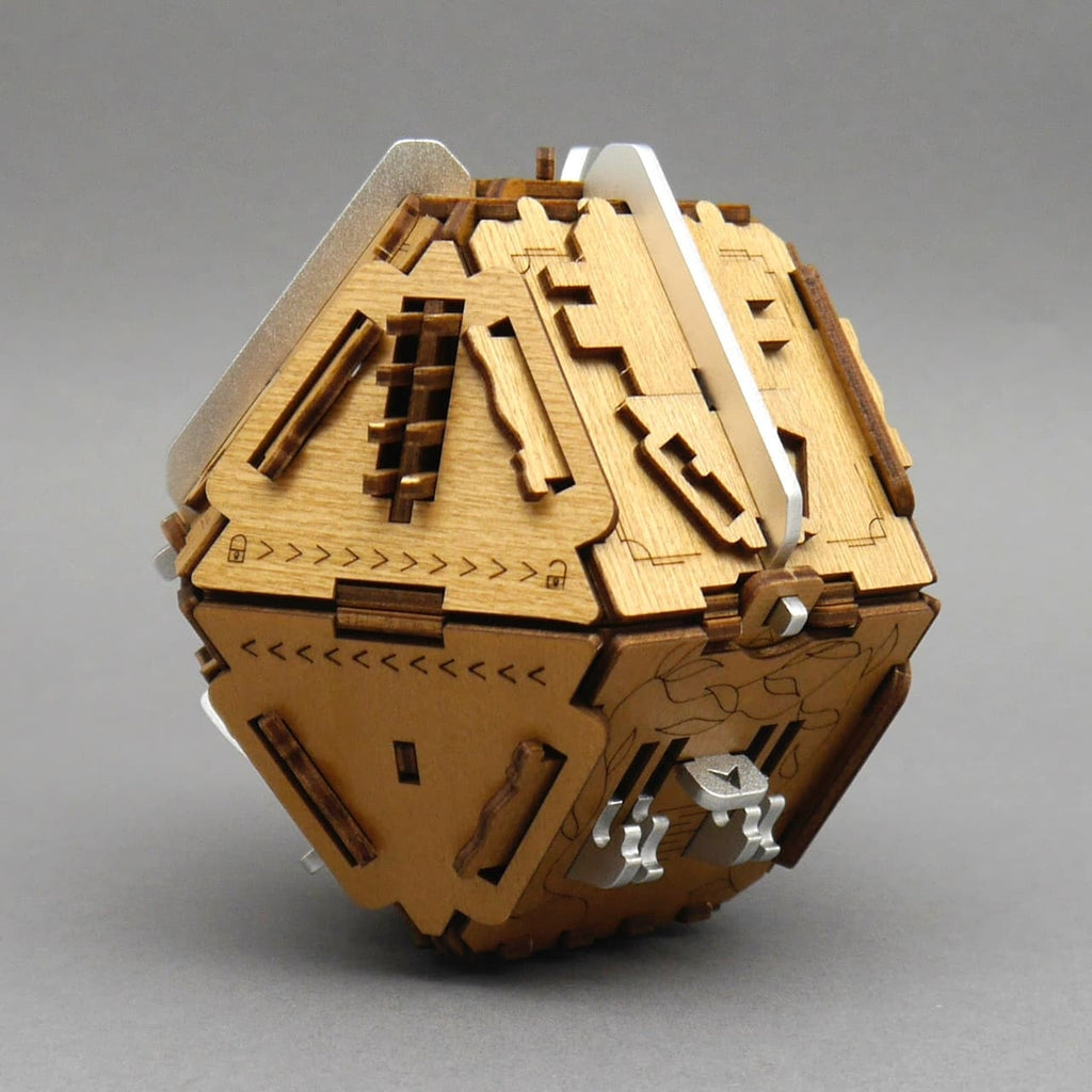 Detailaufnahme der hölzernen Rätselbox mit Metallhebeln – anspruchsvolles Denkspiel für Escapegame-Fans