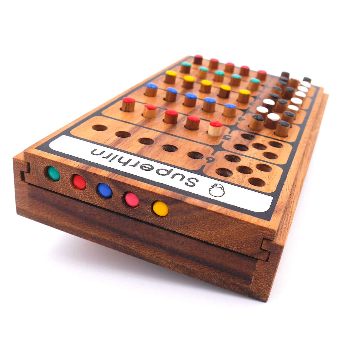 Superhirn - Color Finder - 5 Farben, mehr Spielspaß, 2 Personen, Holzspiel inkl. praktischem Verschlussband