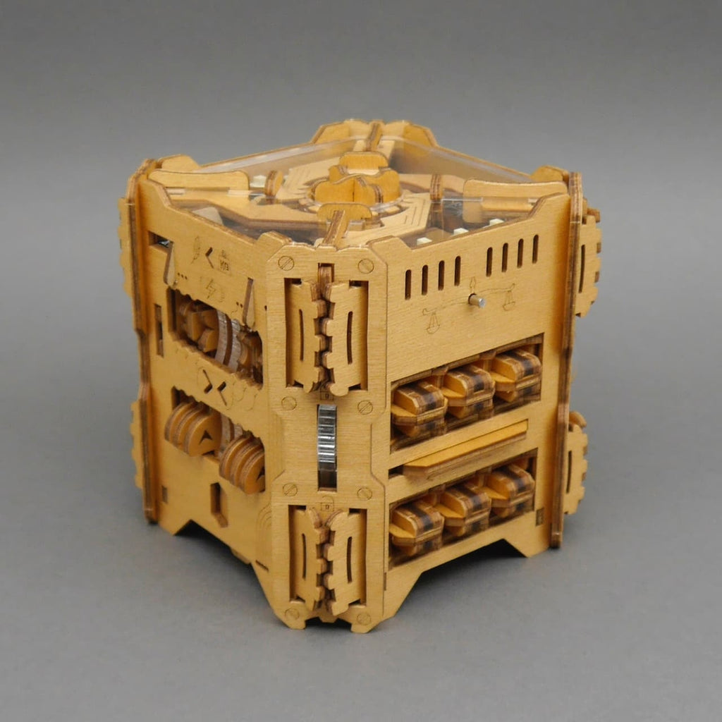 Holzpuzzle Tesla Box, würfelförmige Geschenkbox mit sichtbaren Zahnrädern, Schiebern und transparentem Deckel