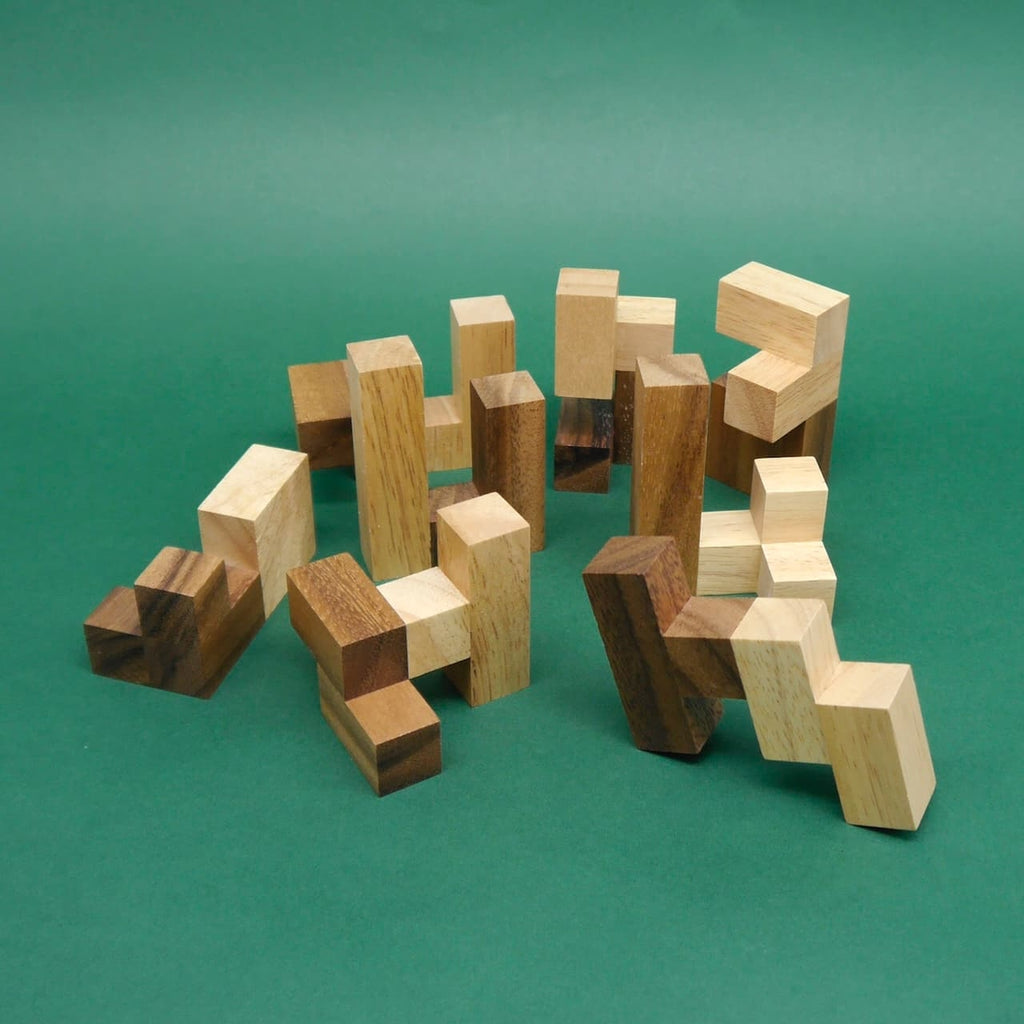 Einzelne verzahnte Holzbausteine eines Logikpuzzle liegen auseinandergebaut auf grüner Fläche.