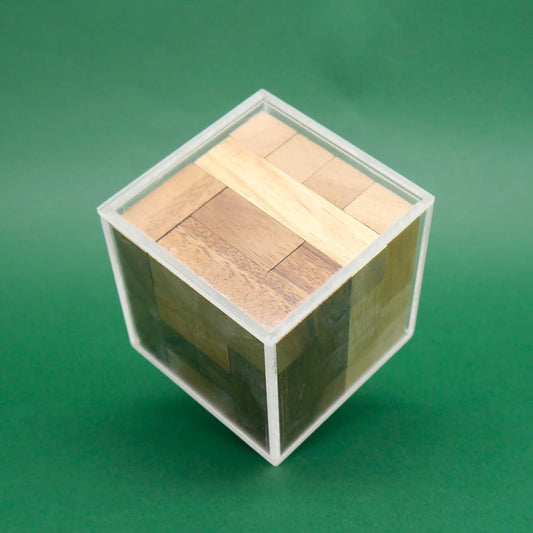 Vollständig zusammengesetztes Holzpuzzle steckt passgenau in einer transparenten Kunststoffbox vor grünem Hintergrund.