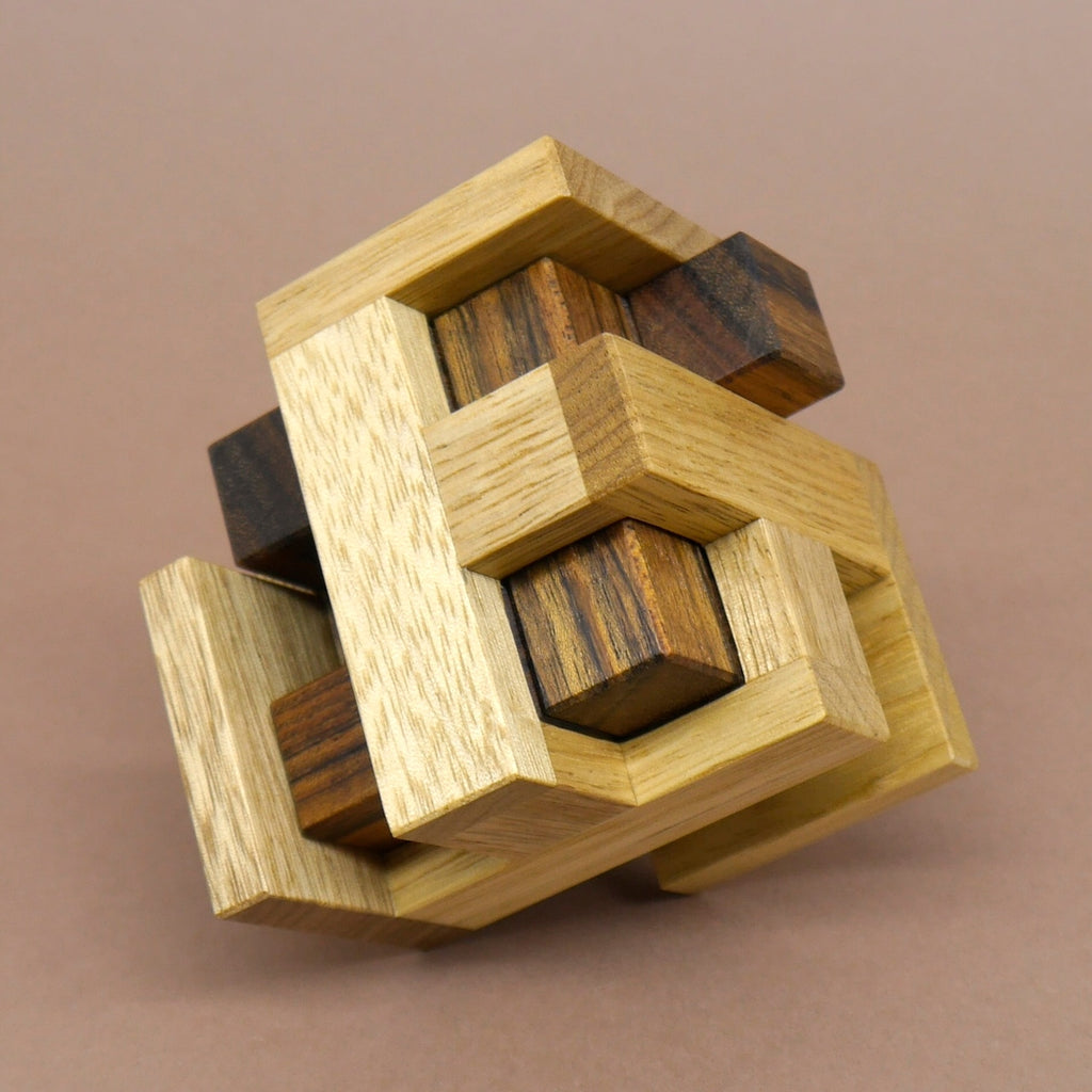 Kompaktes Knobelspiel aus Holz, bestehend aus verschieden geformten Einzelteilen, die zum Lösen eines Rätsels zusammengefügt werden müssen. Perfekt für anspruchsvollen Rätselspaß.