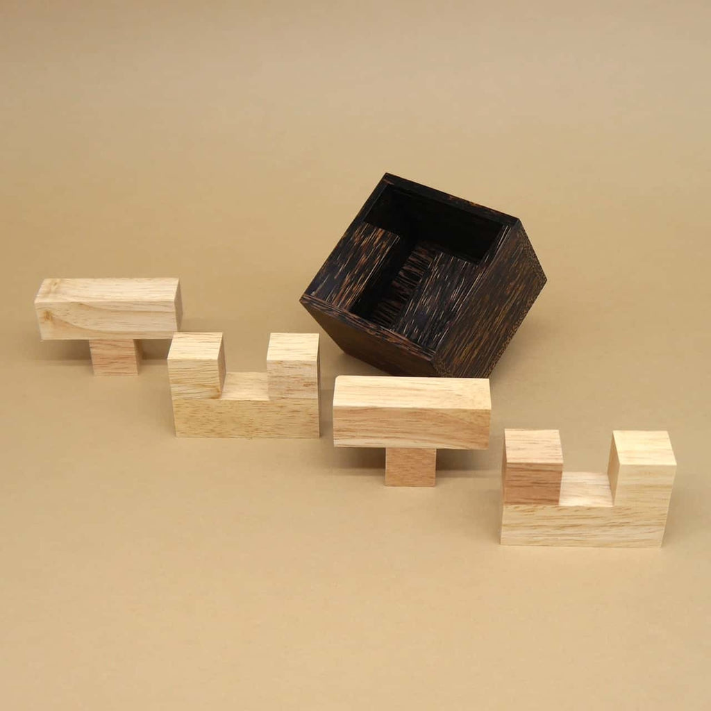 Alle Bausteine des Packingpuzzle liegen in einer Reihe vor der leeren dunklen Holzbox auf sandfarbenem Untergrund.