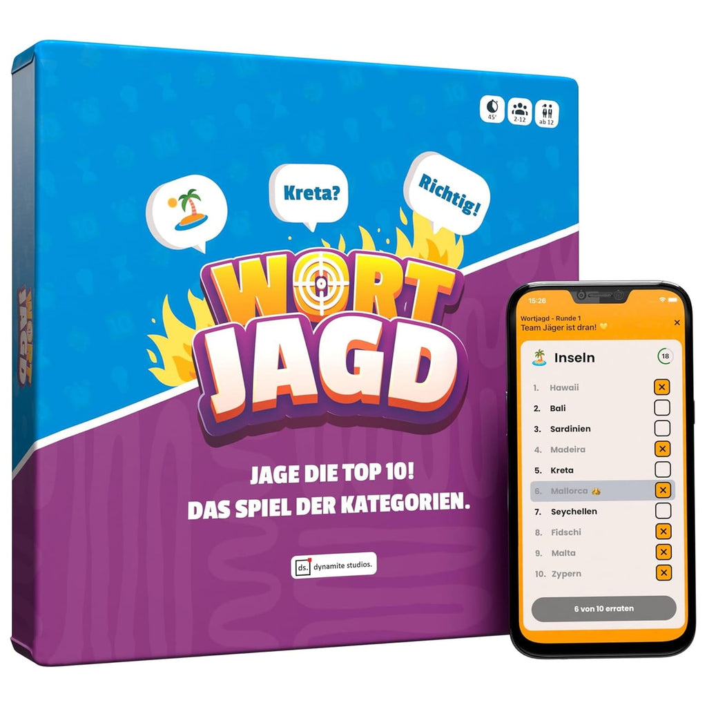 Partyspiel: Wortjagd Partyspiel mit Spielbox und Smartphone-App für spannende Kategorien, Wissen und schnelle Antworten.
