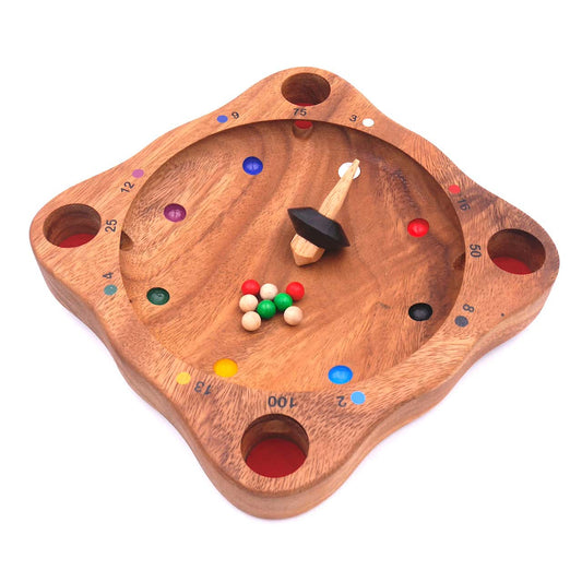 Tiroler Roulette aus Holz mit Kreisel und 8 Kugeln in verschiedenen Farben