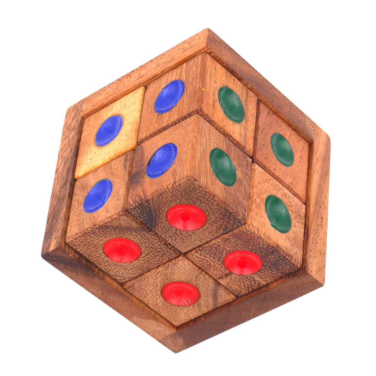 3D-Puzzle mit einer Holzbox und 8 Holzwürfeln mit verschiedenfarbigen Punkten.