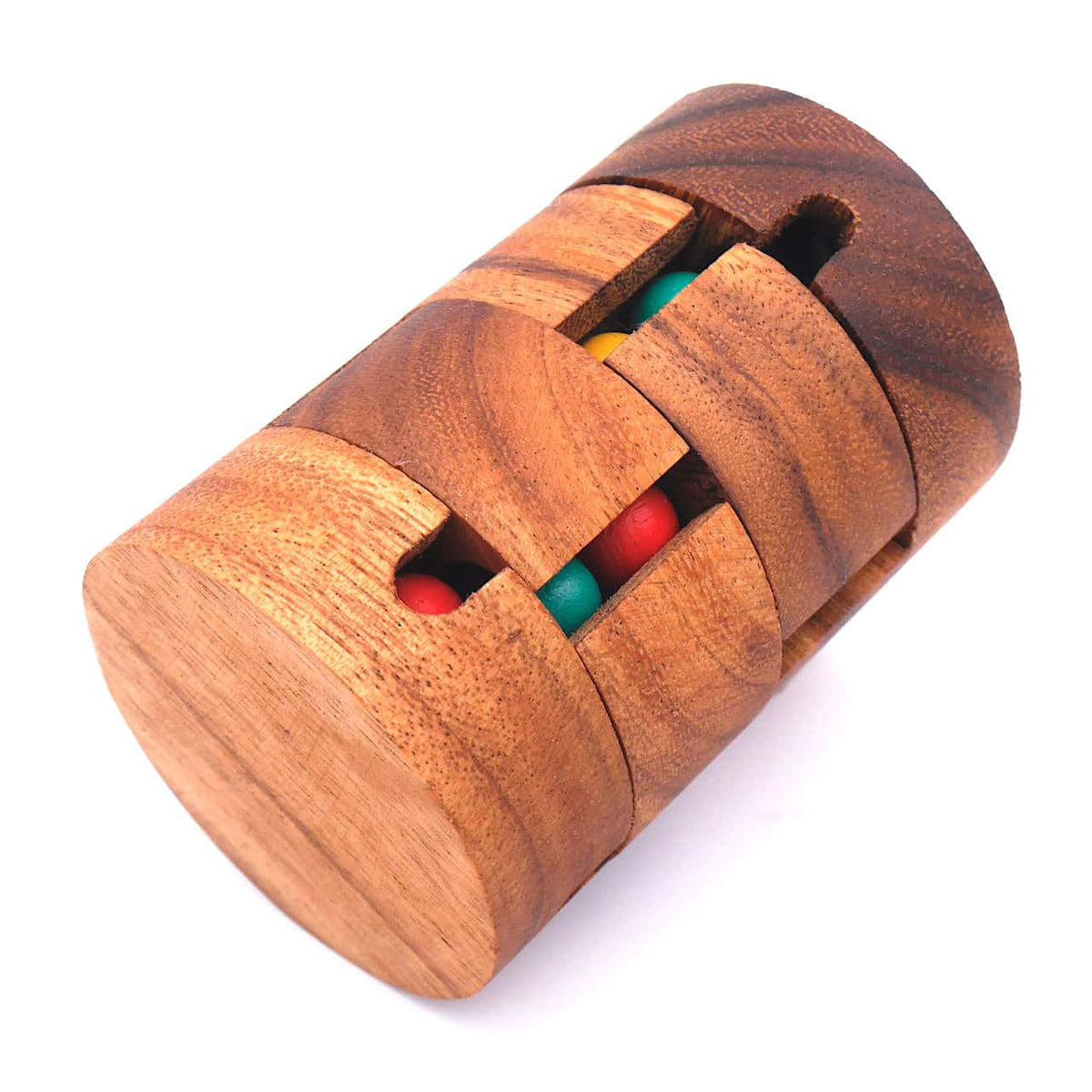 Das Dreh-Puzzle aus Holz mit zwei drehbaren Ringen und vier Schächten mit farbigen Holzkugeln.