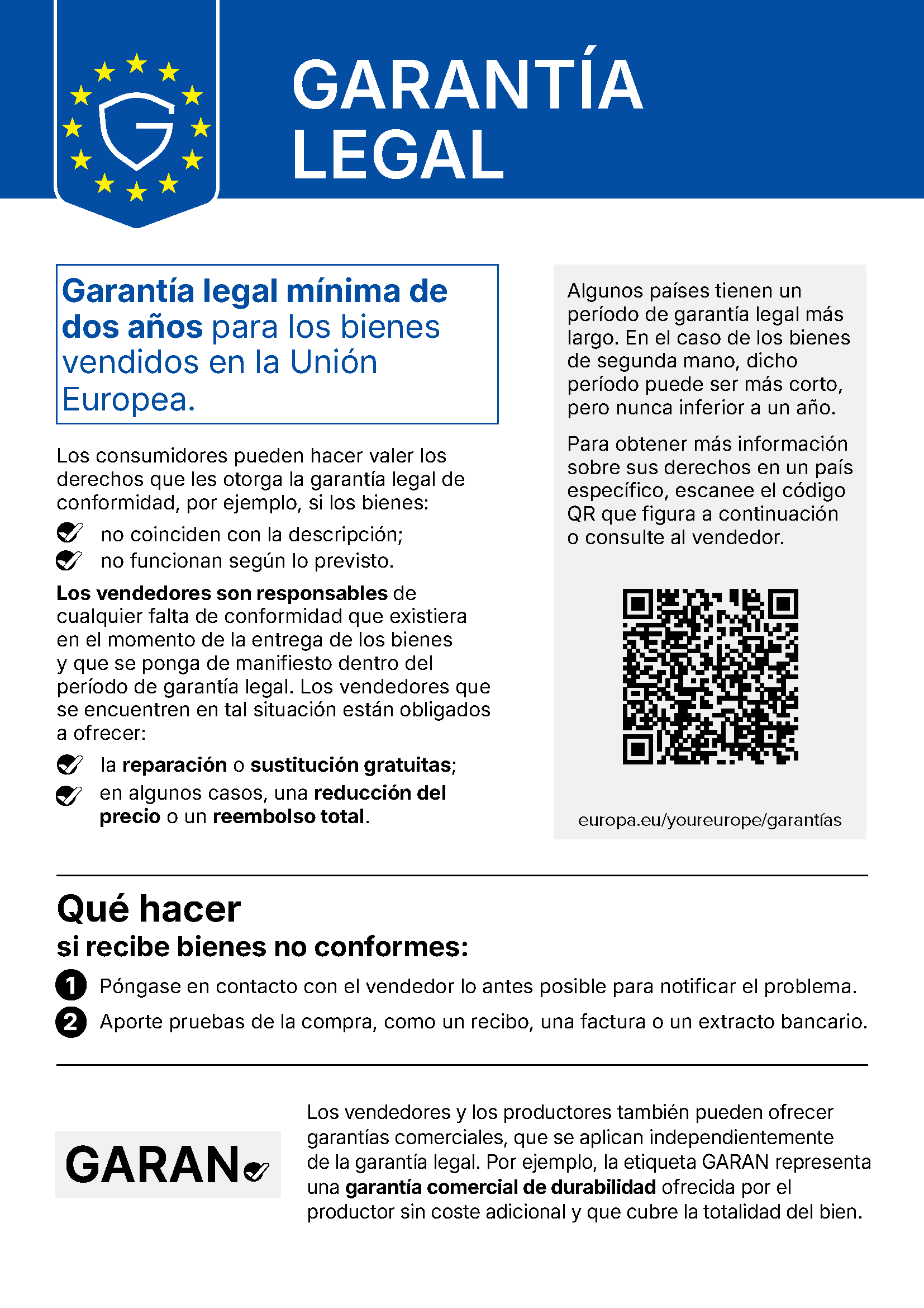 Garantía legal: todos los productos cuentan con una garantía legal mínima de 2 años en la UE.